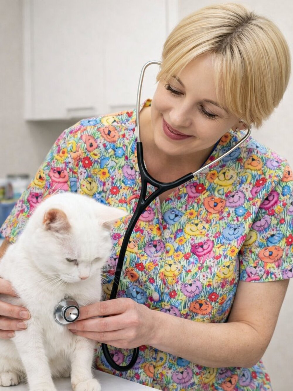 Vibrant and fun cats in grass front button up nurses top